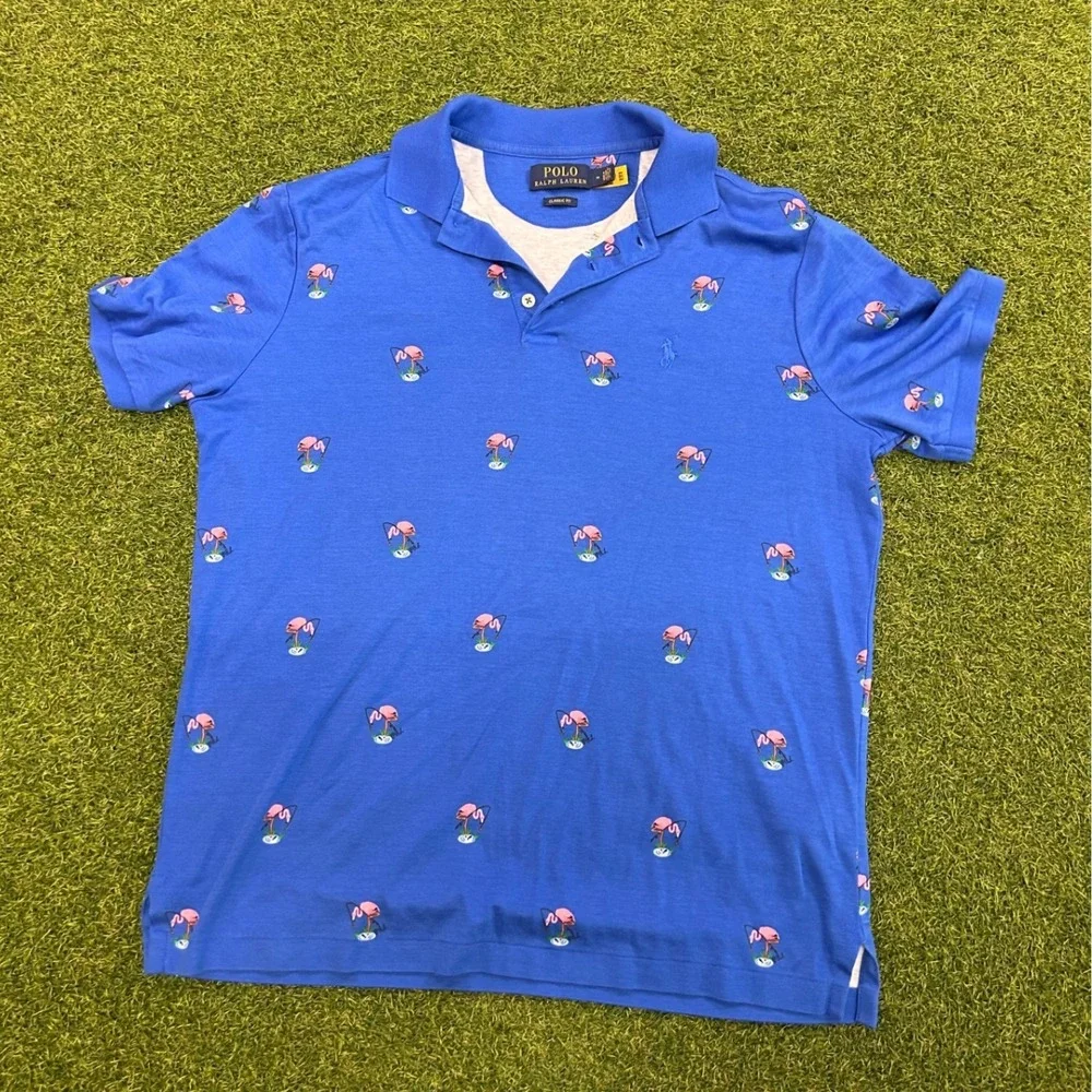 Polo Ralph Lauren Mens Blue Flamingo Embroidered Classic Fit Polo Shirt Medium
